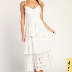 Lulus Love in Layers White Lace Tiered V-Neck Midi Dress size L